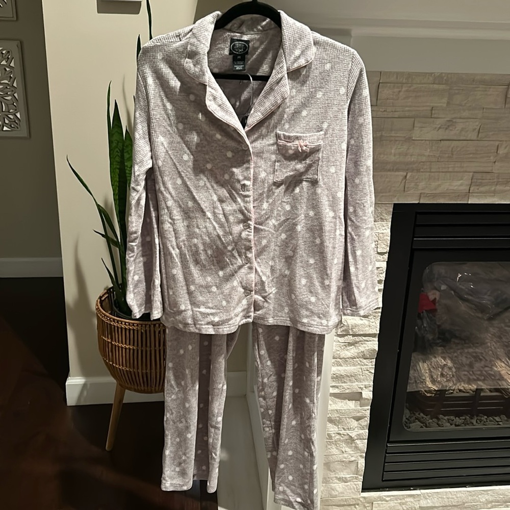 Laura Ashley Gray pj’s with white polka dots and pink trim